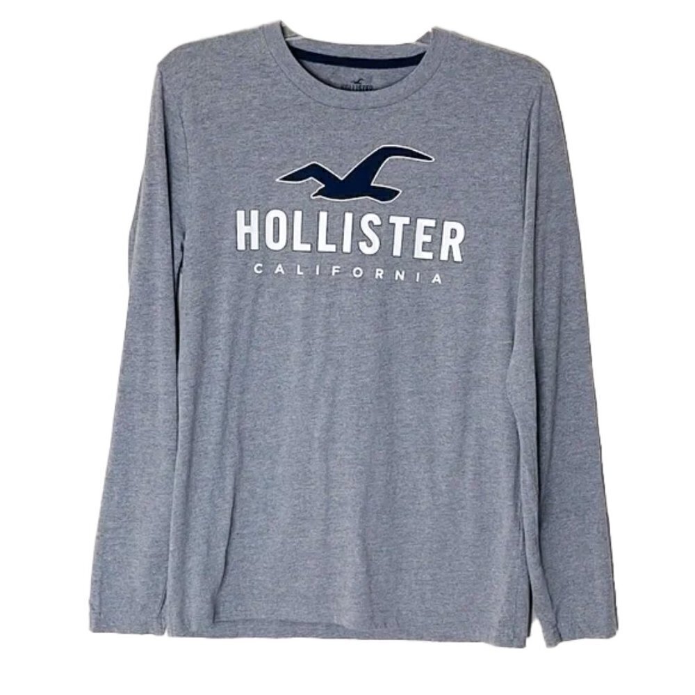 ❤️ HOLLISTER Men Gray T-Shirt Logo Graphic California Long Sleeve S
